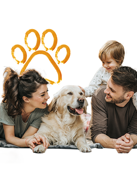 Casal com filho e cão a sorrir